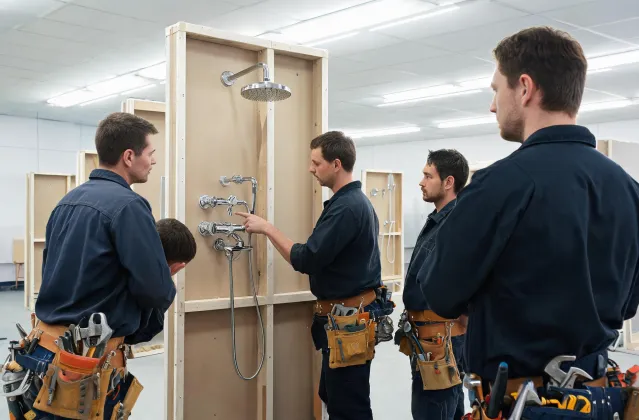 Hansgrohe training plumbers on thermostatic valve installation