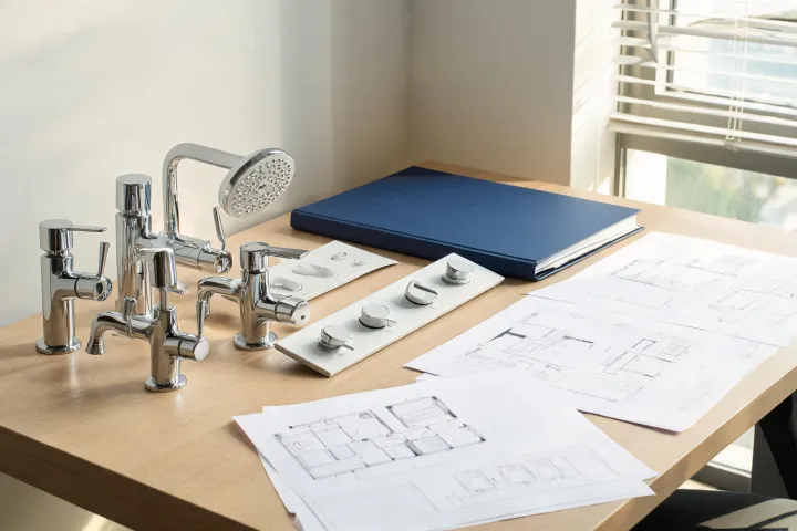 Hansgrohe specification binder and faucet samples on a project desk